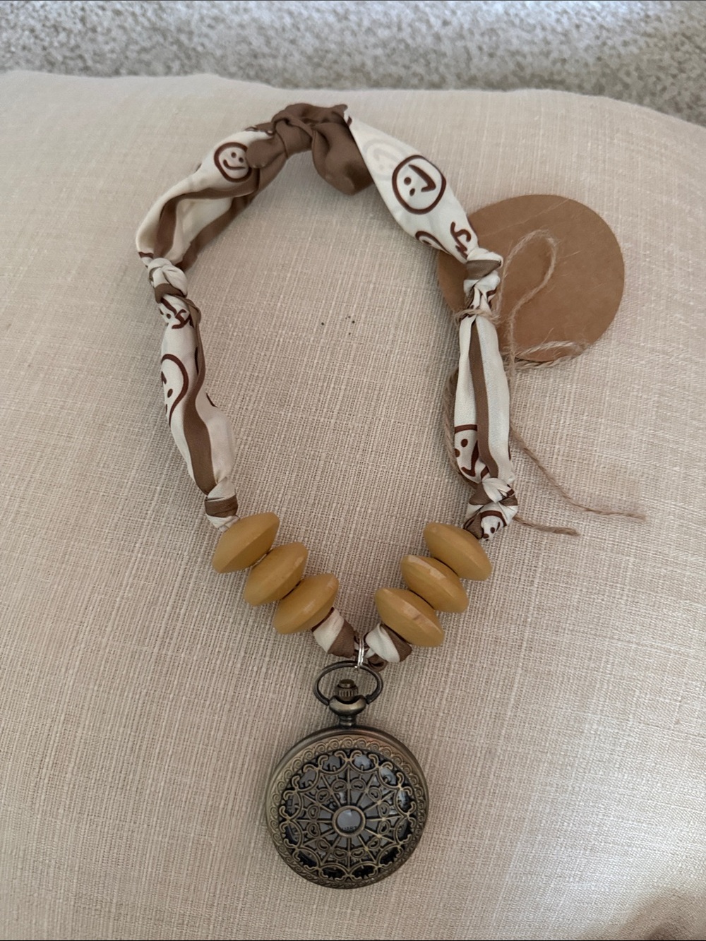 Boho Pocket Watch Pendant Necklace with Mustard Beads and Cream Brown Scarf